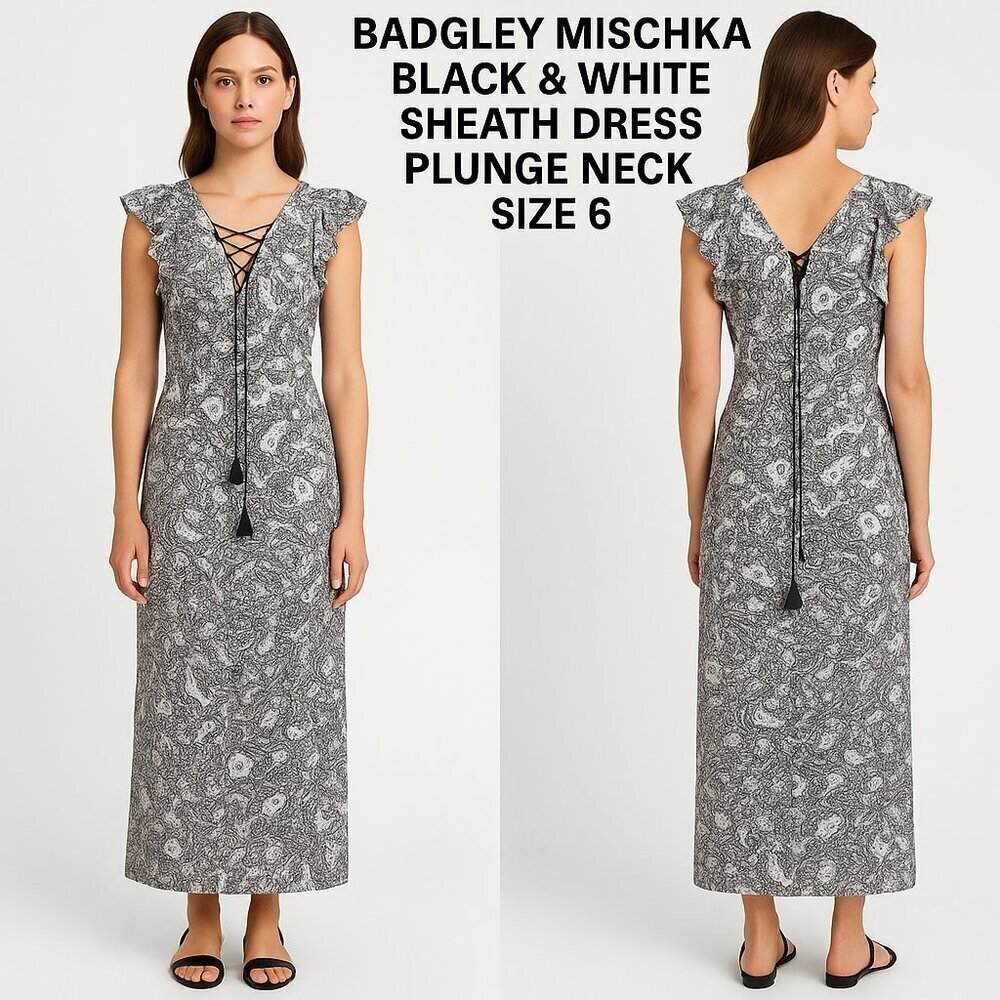 Badgley Mischka Black & White Sheath Dress Plunge Neck Size 6